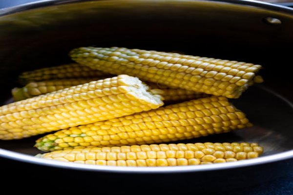 Close-up shot of summer corn chowder being stirred in a pot.
