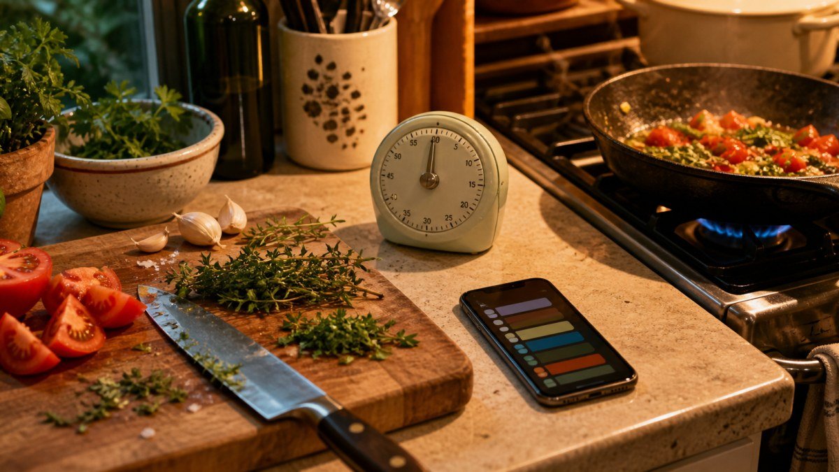 Tomatoes, herbs, a kitchen timer, and a phone with a music queue beside a pan during dinner prep