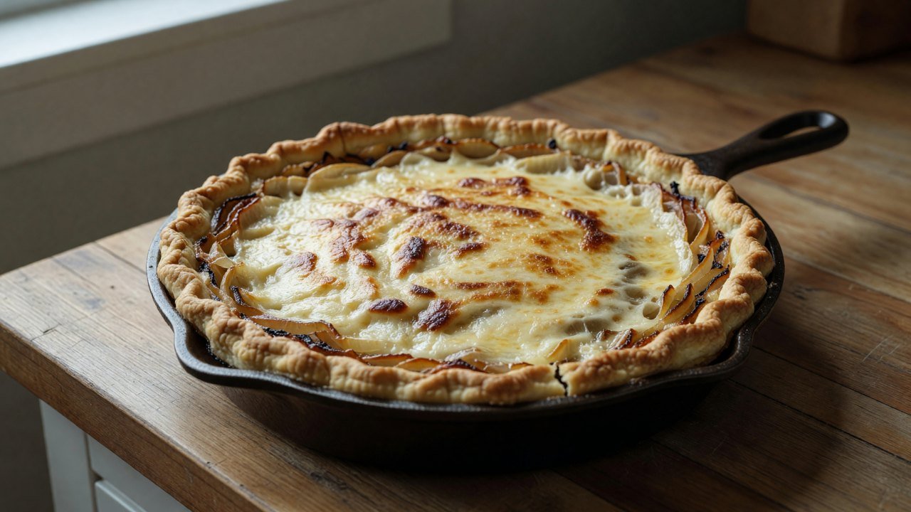 A golden brown onion pie with a flaky crust and caramelized onion filling.