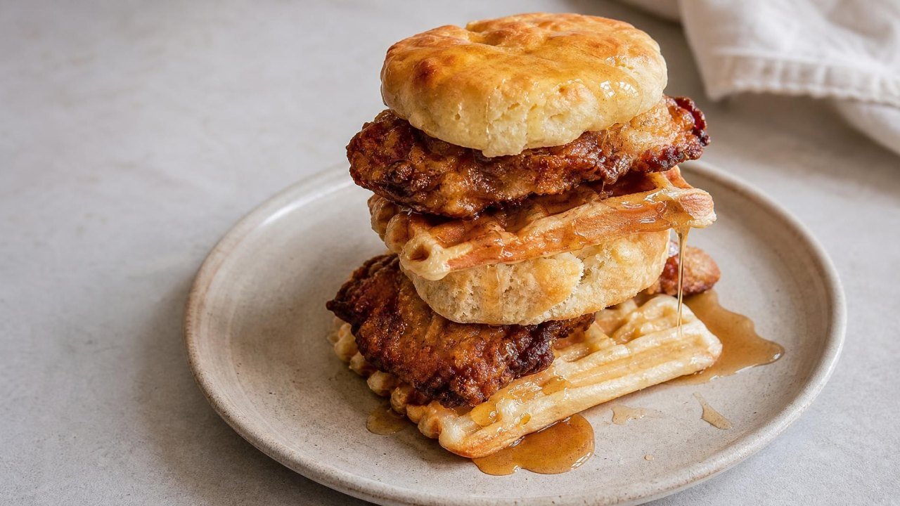 Chicken and Waffle Biscuit Stack