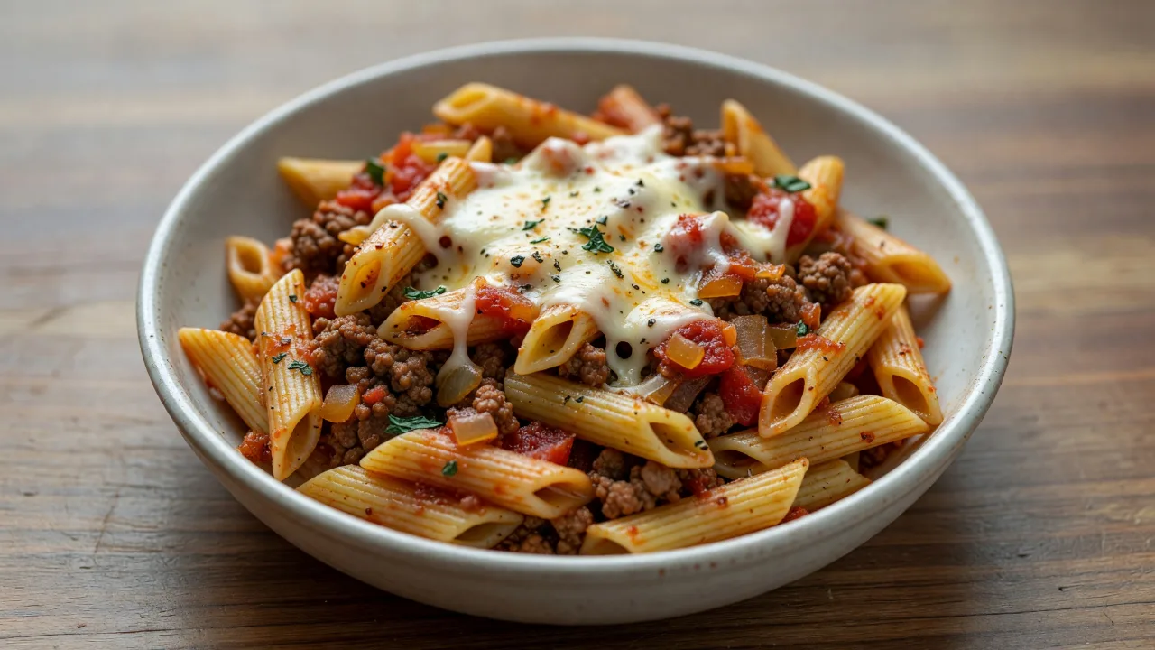 Tomato basil beef penne finished with melted cheese in a shallow bowl