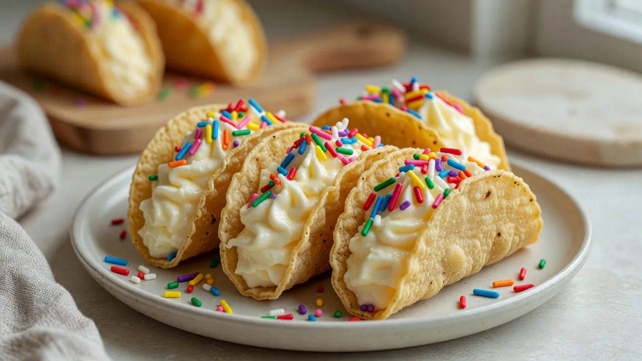 Rainbow Sprinkle Cheesecake Tacos