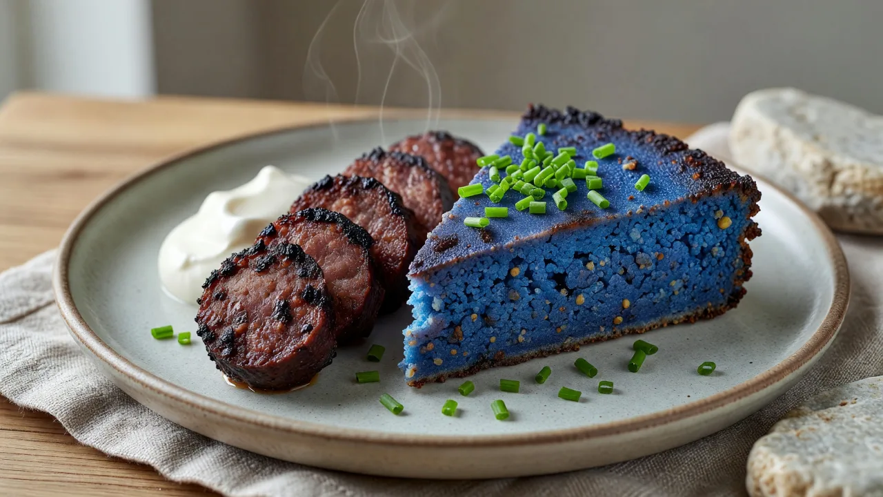 Smoked Bison Sausage with Blue Corn Cake, Huckleberry Gastrique & Pickled Red Onions