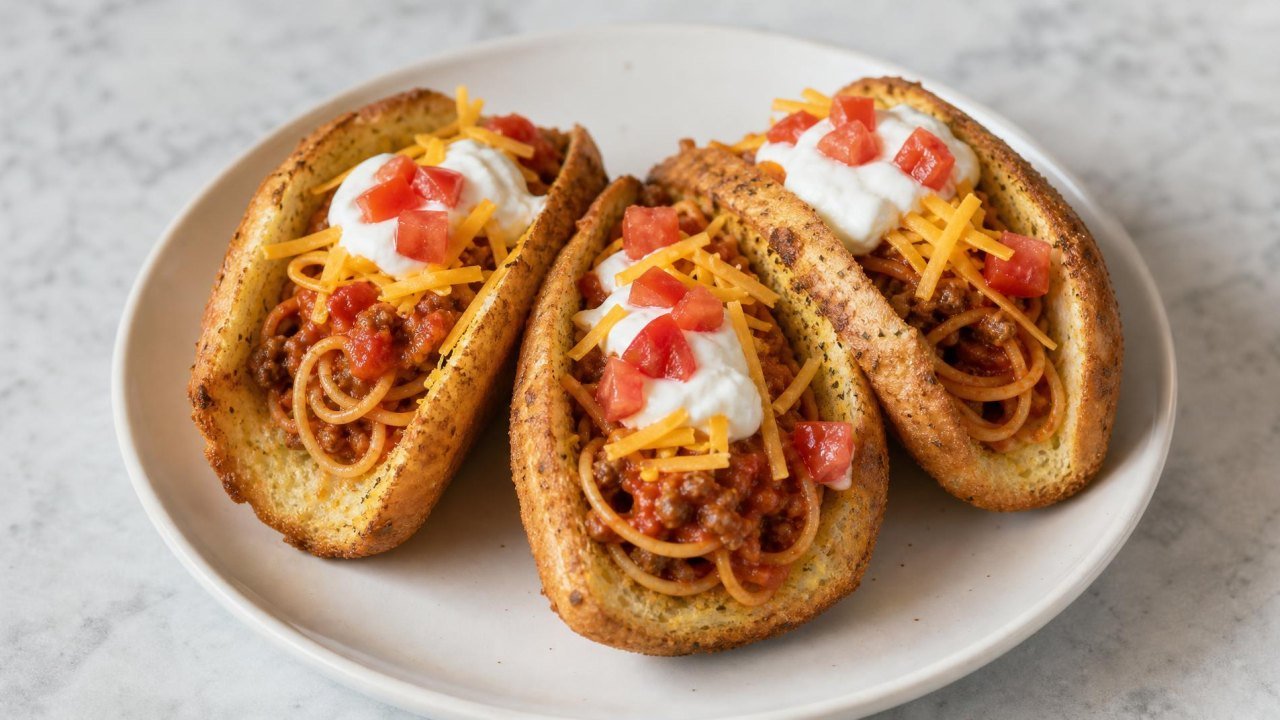Spaghetti Tacos with Garlic Bread Shell