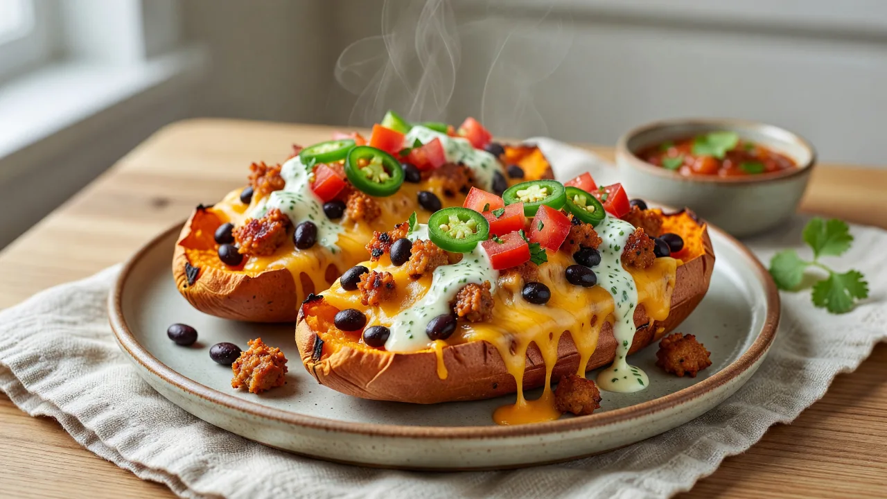 Duck Confit Sweet Potato Boats with Cherry Salsa & Queso Fresco