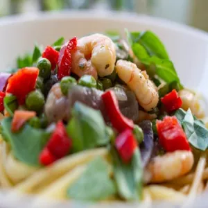 eggs, pasta, pea, shrimp recipe