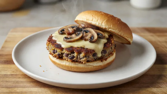 Mushroom Swiss Crispy Black Bean Burgers