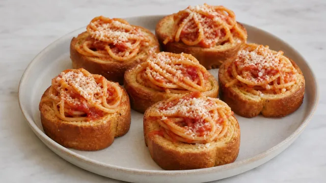 Spaghetti Stuffed Garlic Bread Cups